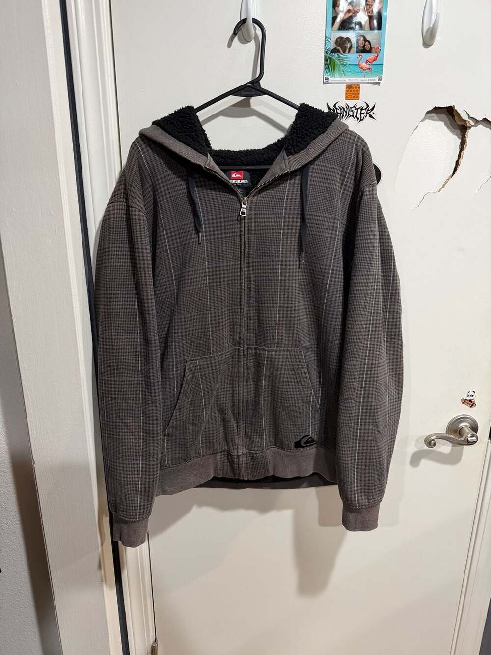 Vintage Quiksilver Grey Plaid Sherpa Fleece Lined Full Zip Hoodie